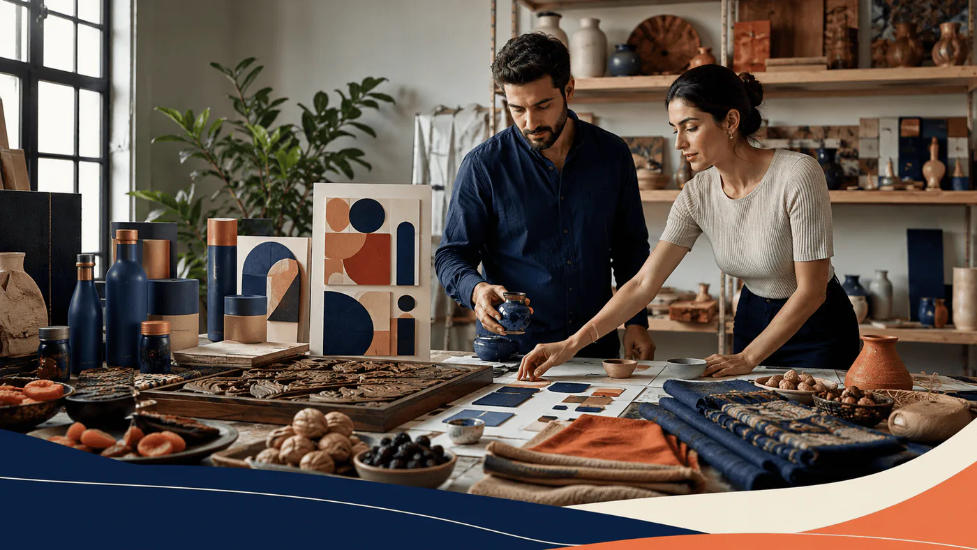 Armenian brand founder and creative strategist arrange crafts, ingredients, packaging prototypes, textiles, and ceramics into an export brand story.