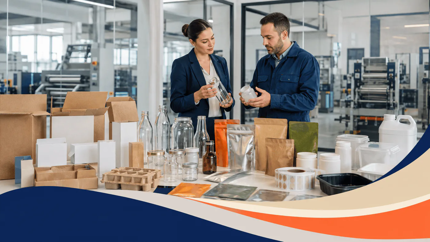 Buyer and Armenian packaging engineer compare glass, cardboard, flexible pouches, labels, plastic containers, and protective inserts in a factory.