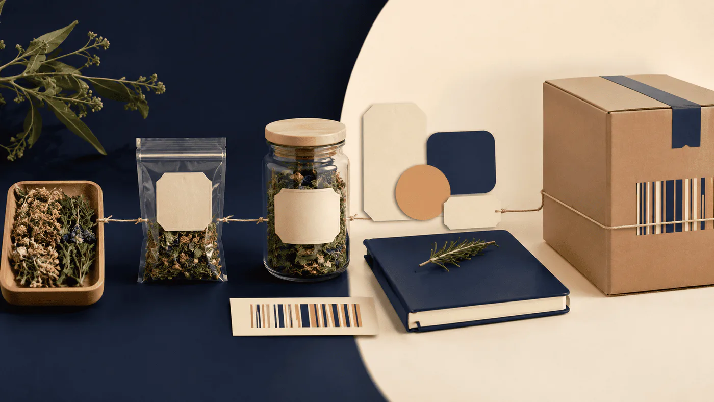 Botanical material, sample pouch, finished jar, record book, abstract batch marks, and export cartons connected in a traceability chain.