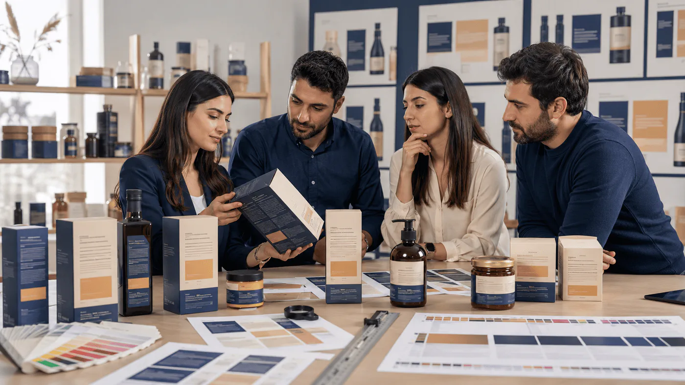 Packaging team compares one export product with clear multilingual label layouts, ingredient panels, codes, print proofs, and cartons.